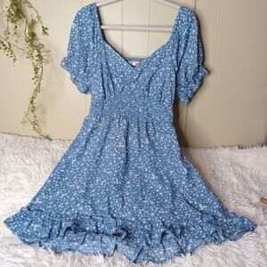 Hint of Blush Blue Floral Off-the-Shoulder Mini Dress Juniors Size L